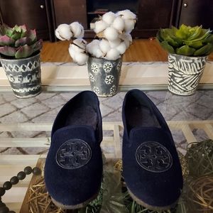 Tory Burch Navy Blue Velvet Loafers